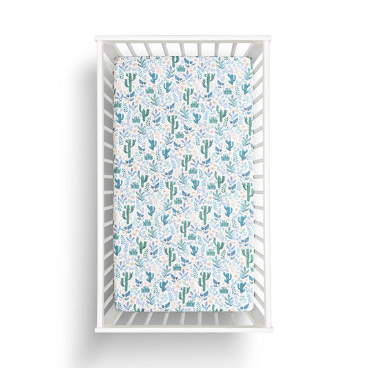 Organic Cotton Fitted Sheet, Cot Size, Cactus Print, Multi Colour, Blues, Greens and pinks