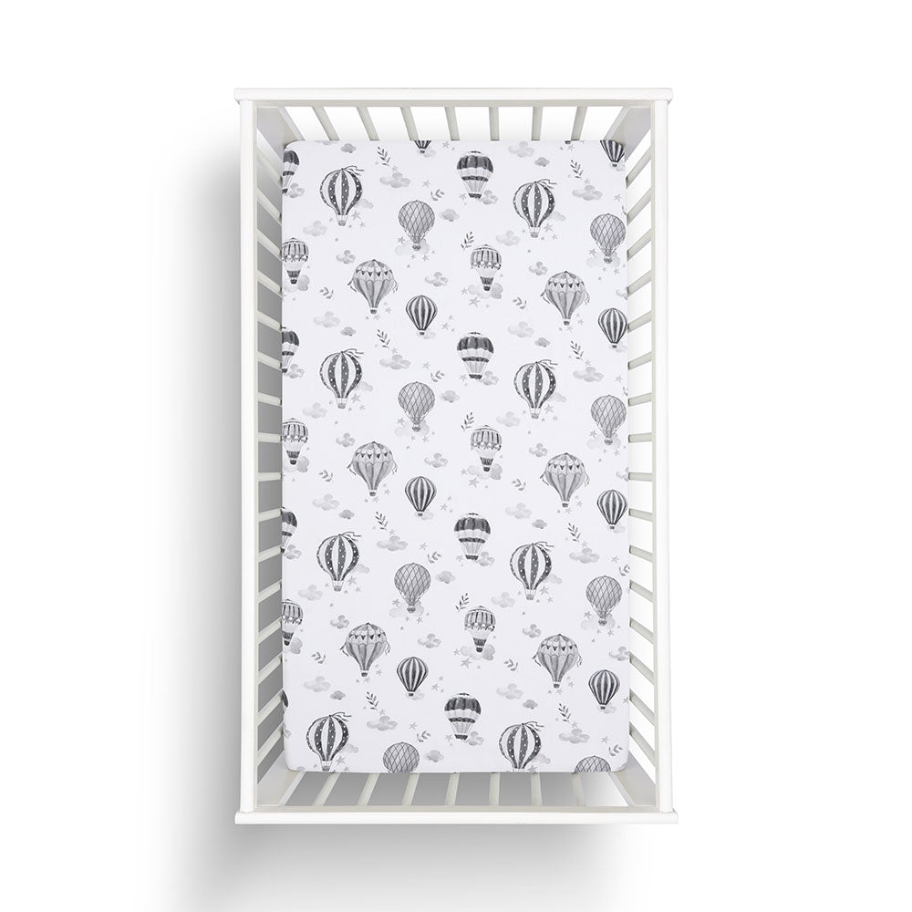 Cot Fitted Sheet, Hot Air Balloon Design, Black & White